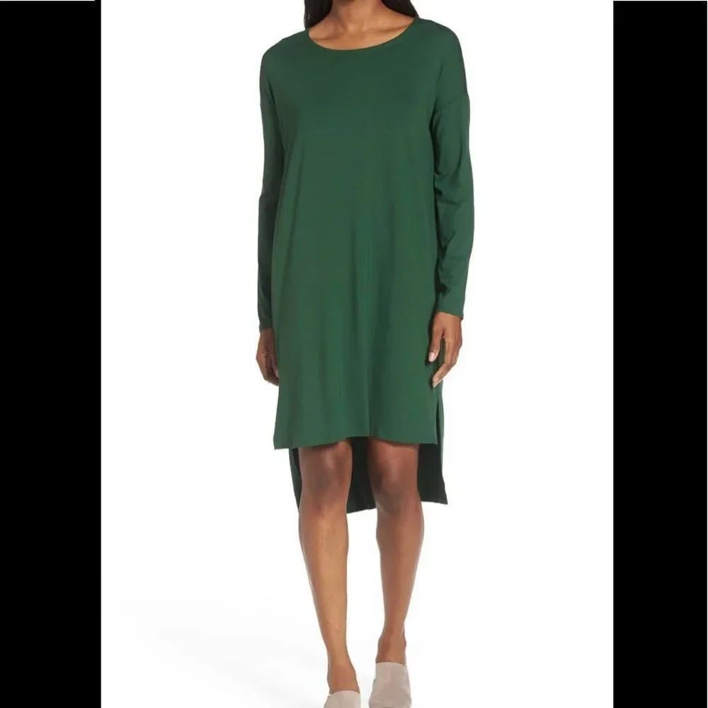 EILEEN FISHER green long sleeves jersey high low shift slip dress XXS